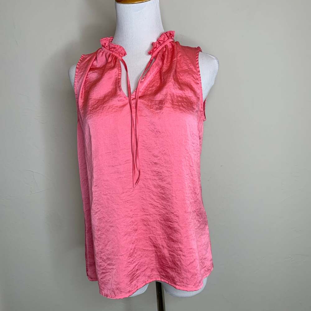 LOFT Silky Pink Popover Blouse Ruffle Neck sz Small